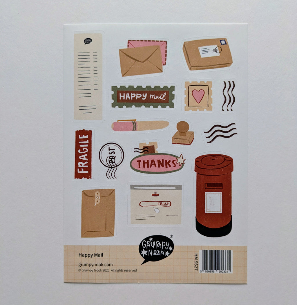 Collection of postal-themed stickers on a white background