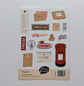 Collection of postal-themed stickers on a white background