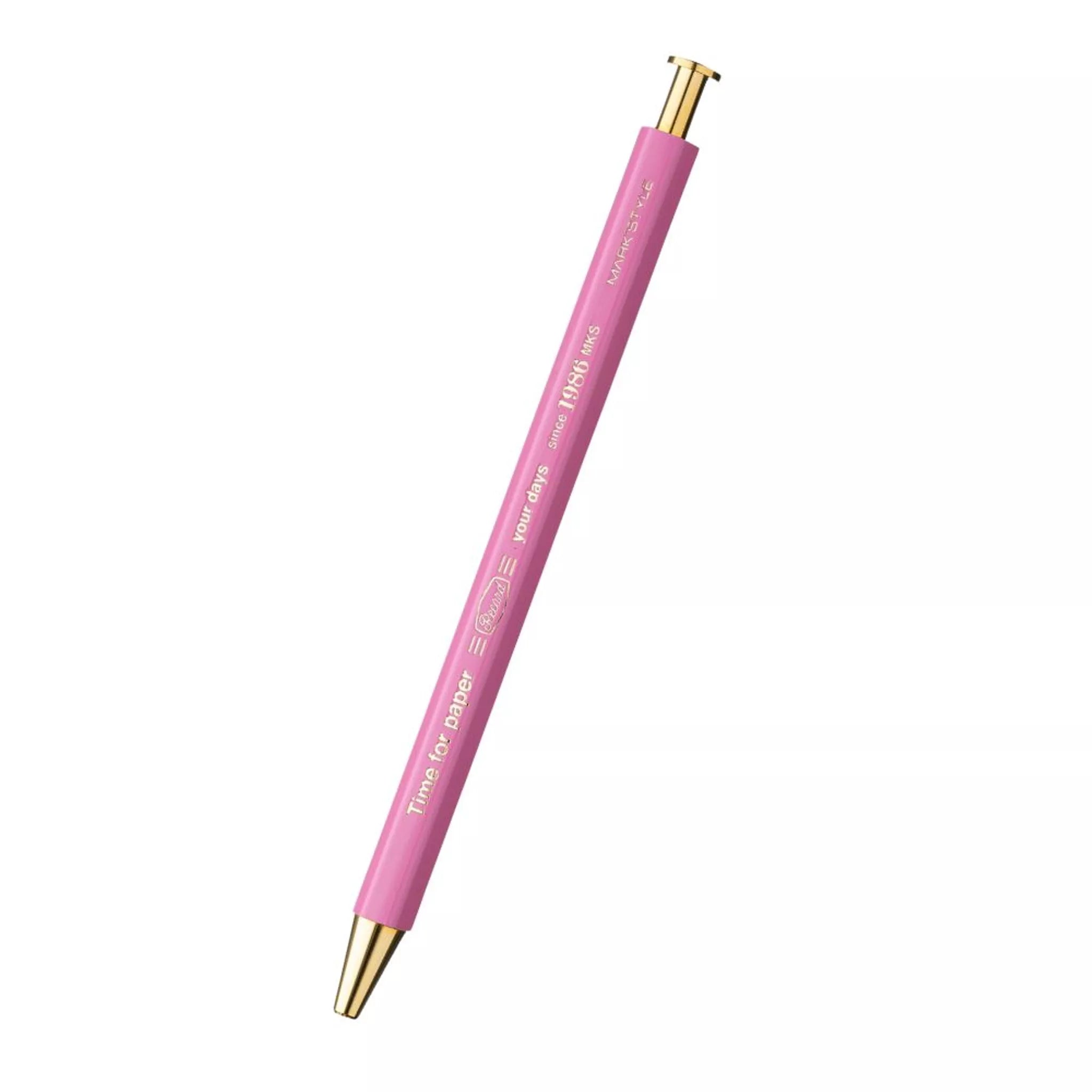 Pink pen with gold accents on a white background