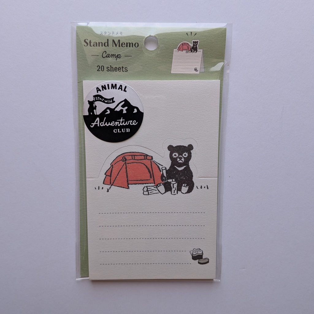 A pack of 20 Animal Adventure Club camp-themed stand memo sheets in a clear plastic sleeve, displayed against a light gray background.