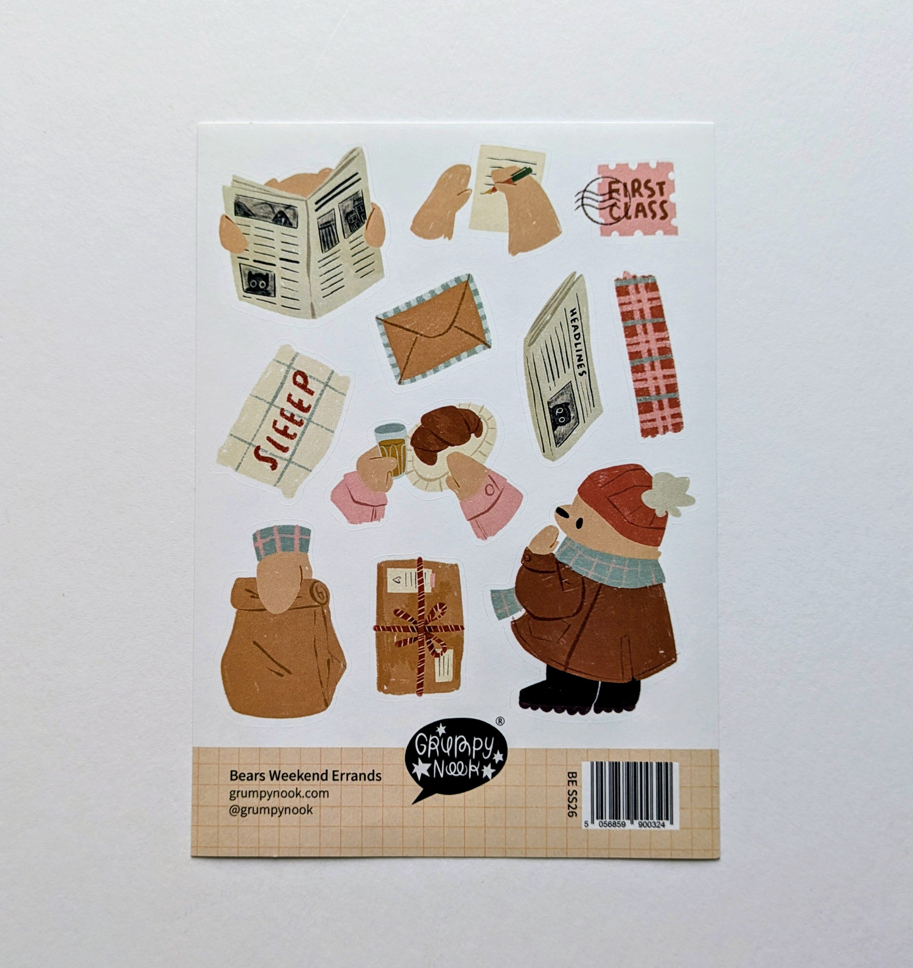 Collection of illustrated stickers featuring bears and stationery items on a white background.
