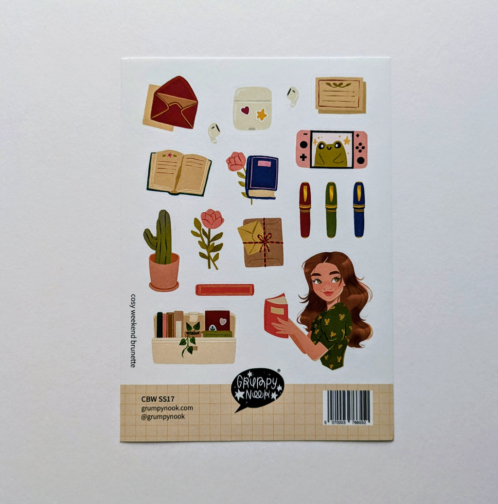 Sticker sheet with various illustrations including a woman reading a book, plants, and stationery items on a white background.