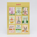 Collection of Paris-themed stamp sticker on a yellow background