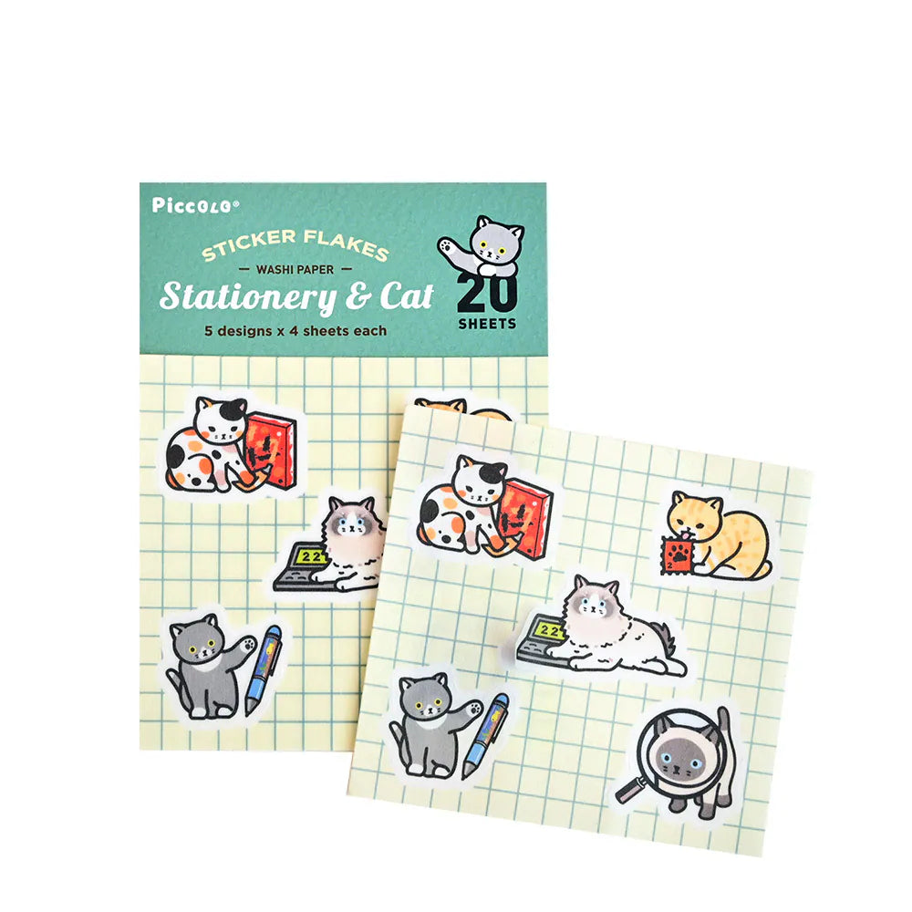 A pack of Piccolo Stationery & Cat sticker flakes on a white background, showing two sheets of washi paper with cute cartoon cat illustrations and a teal header card.