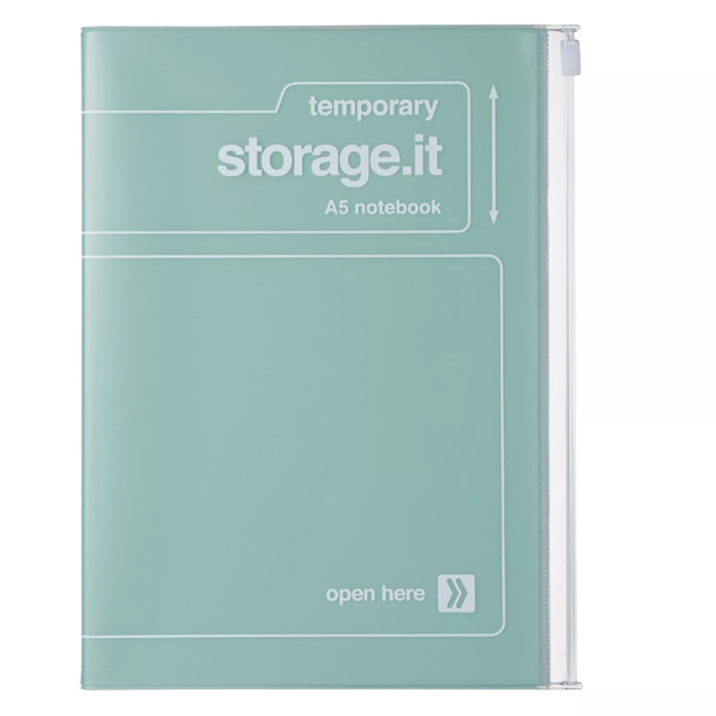 Mint A5 notebook with 'temporary storage.it' text on a white background