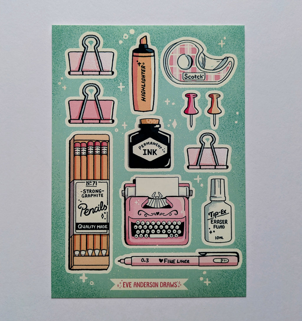 Sticker sheet with stationery items on a light blue background