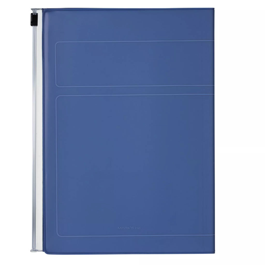 A blue plastic binder with a clear front cover and a silver metal spine, shown against a plain white background.