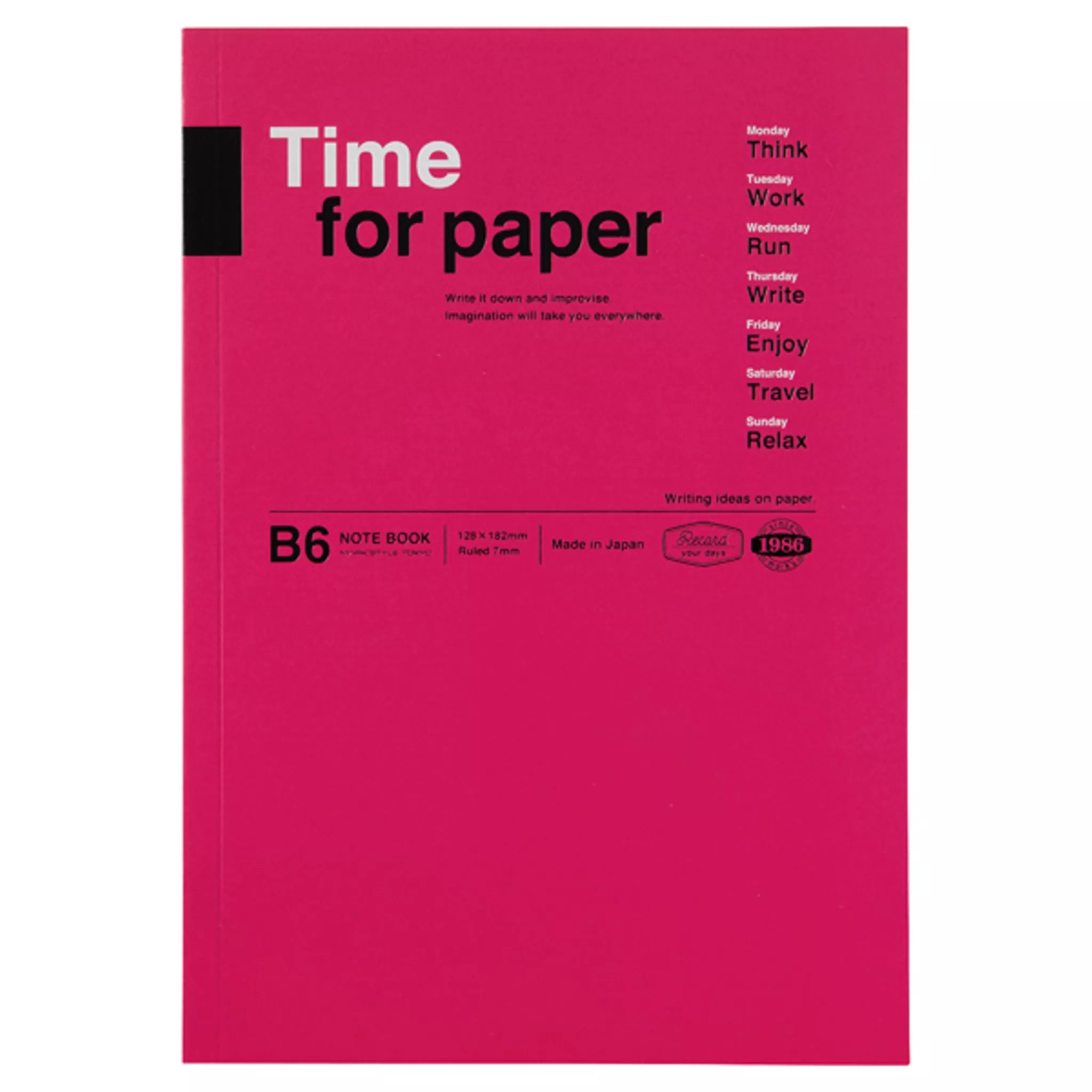 Pink notebook with text on a white background