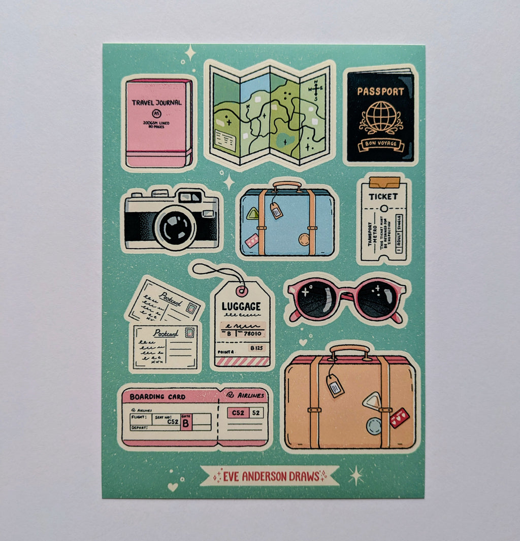 Collection of travel-themed stickers on a teal background