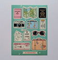 Collection of travel-themed stickers on a teal background