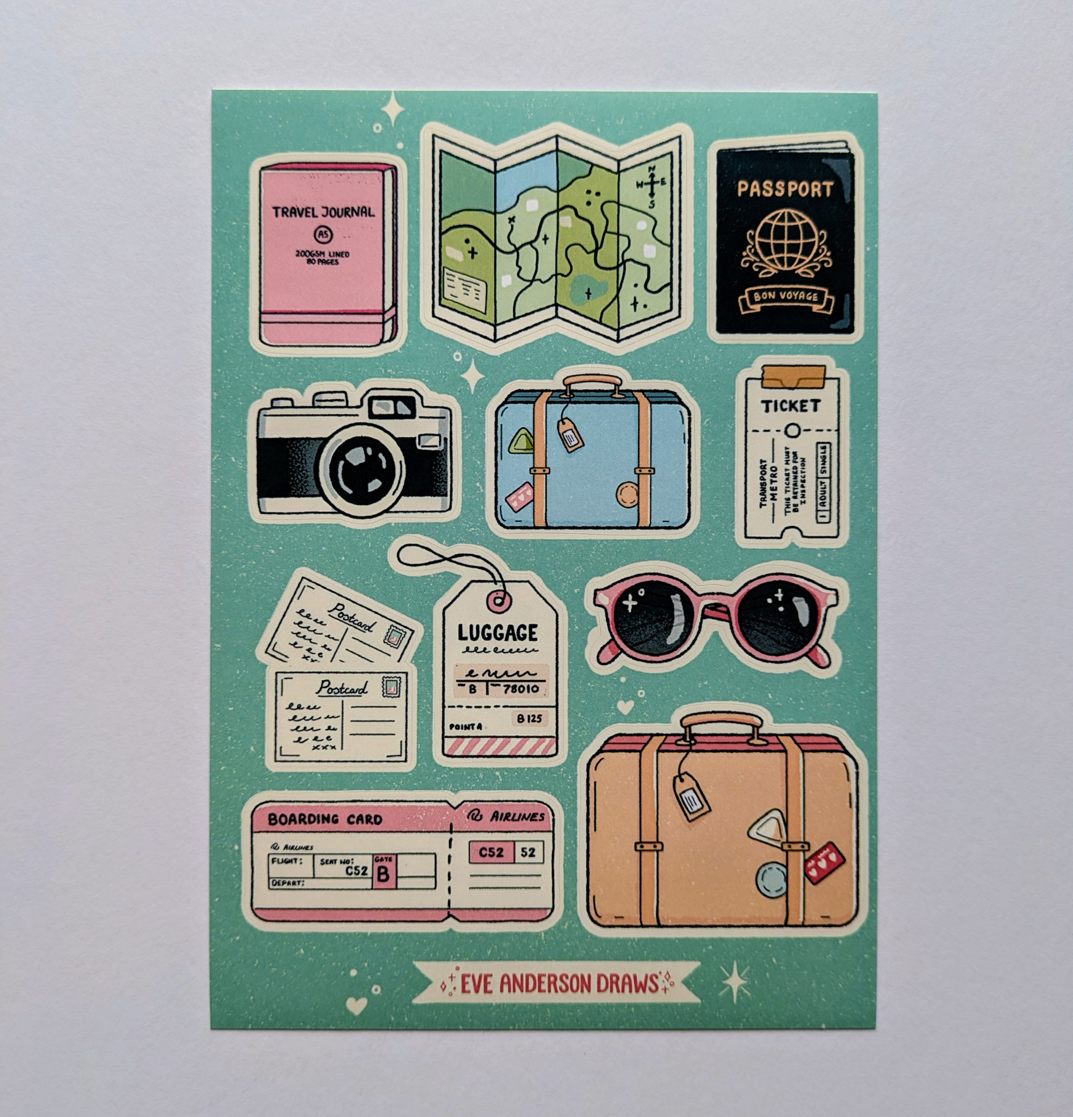 Collection of travel-themed stickers on a teal background