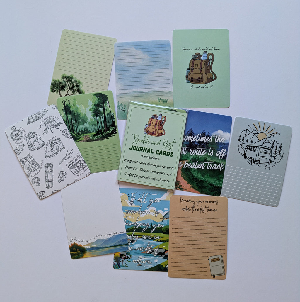 Collection of illustrated journal cards on a white background