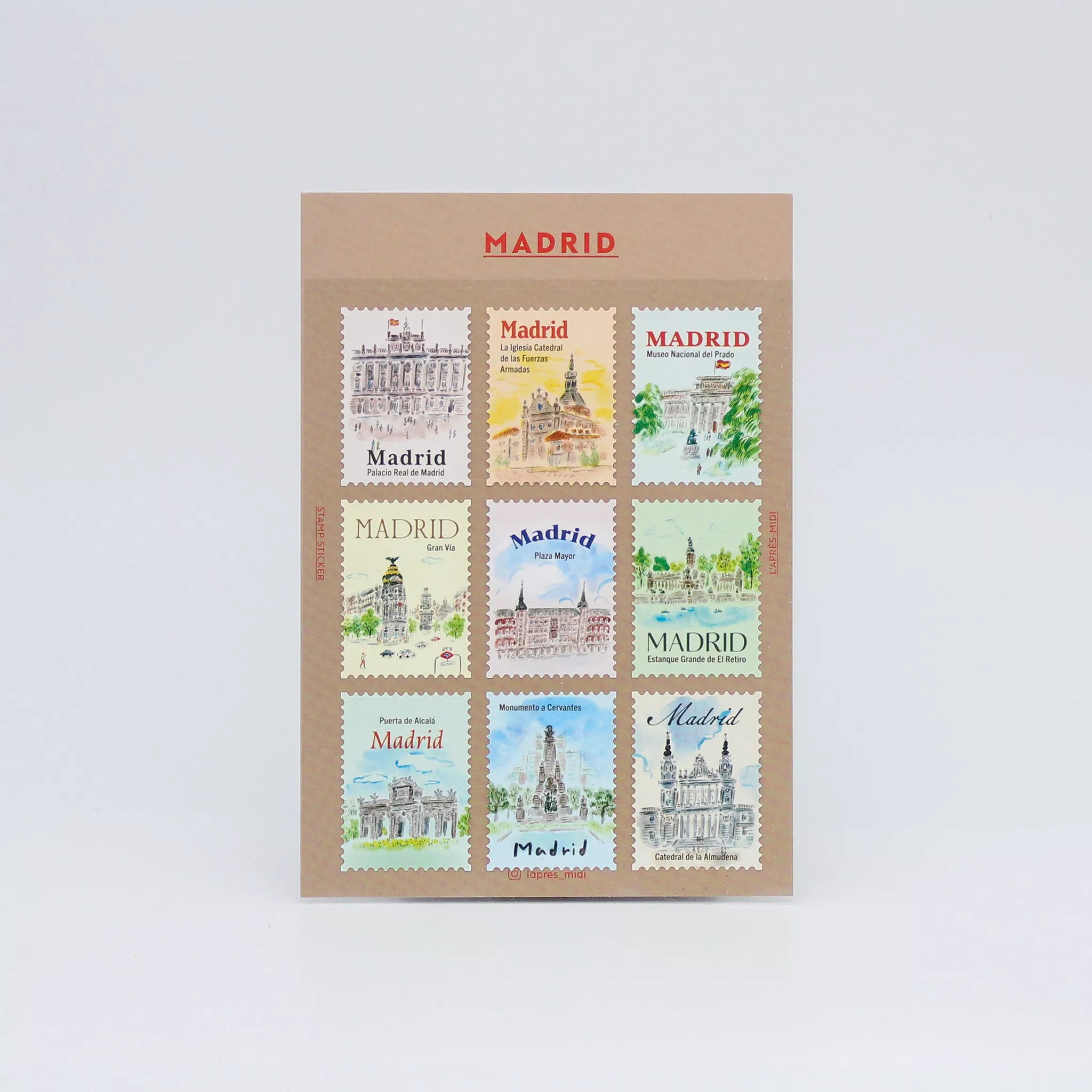 Collection of Madrid-themed stamps on a brown cardboard backing with 'Madrid' text.