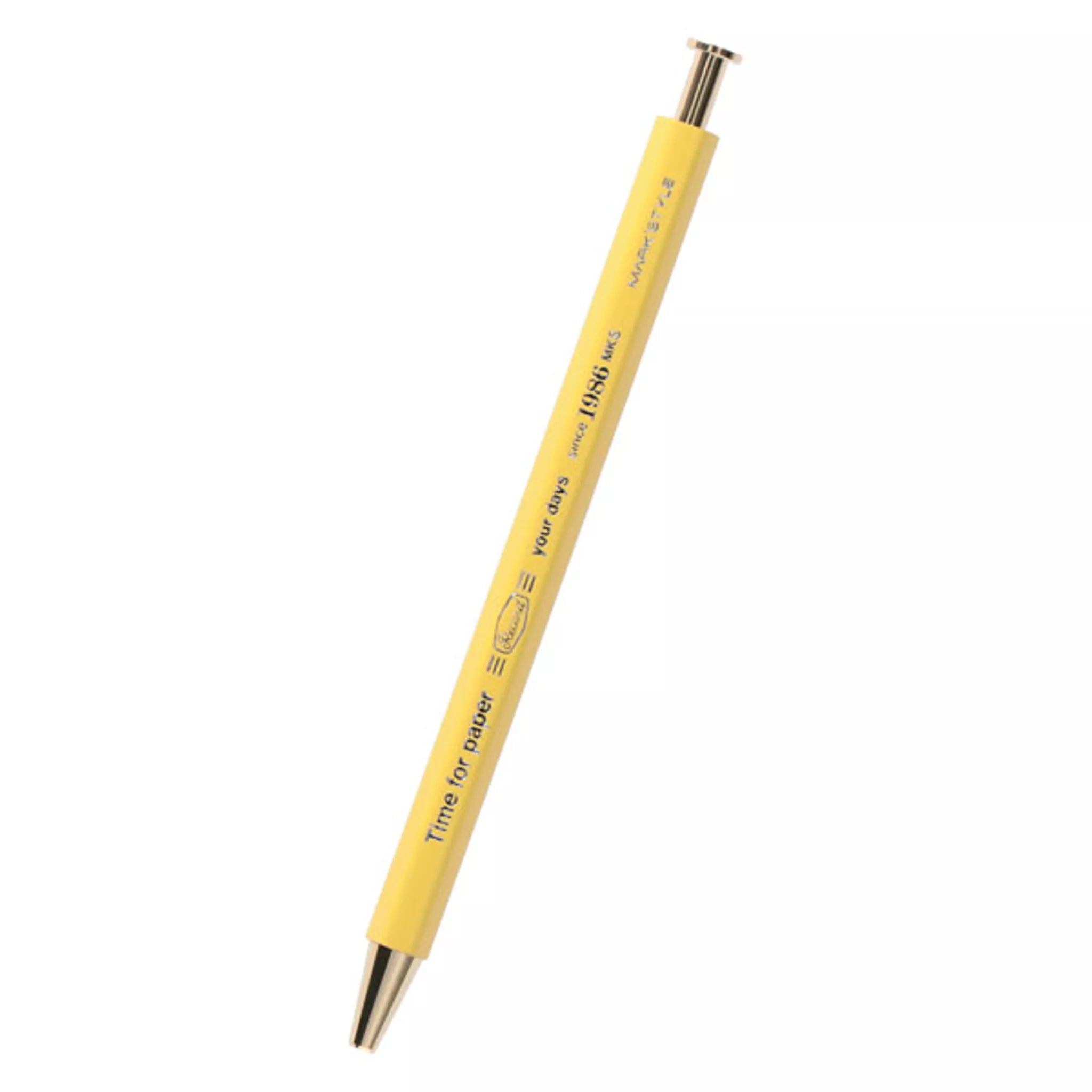 Yellow pen with text on a white background