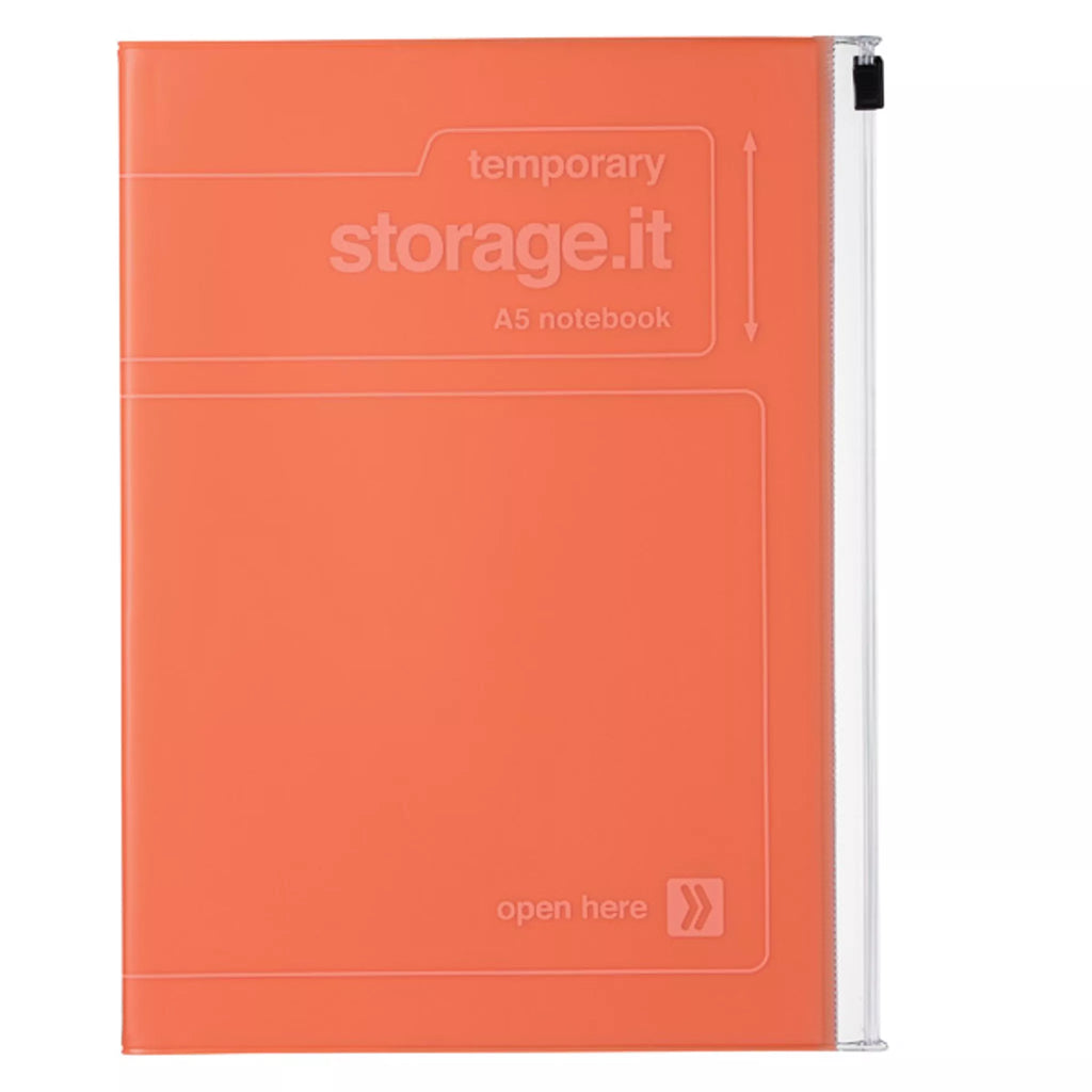 An orange A5 temporary storage notebook with a clear plastic side binder and a black clip, shown on a white background.