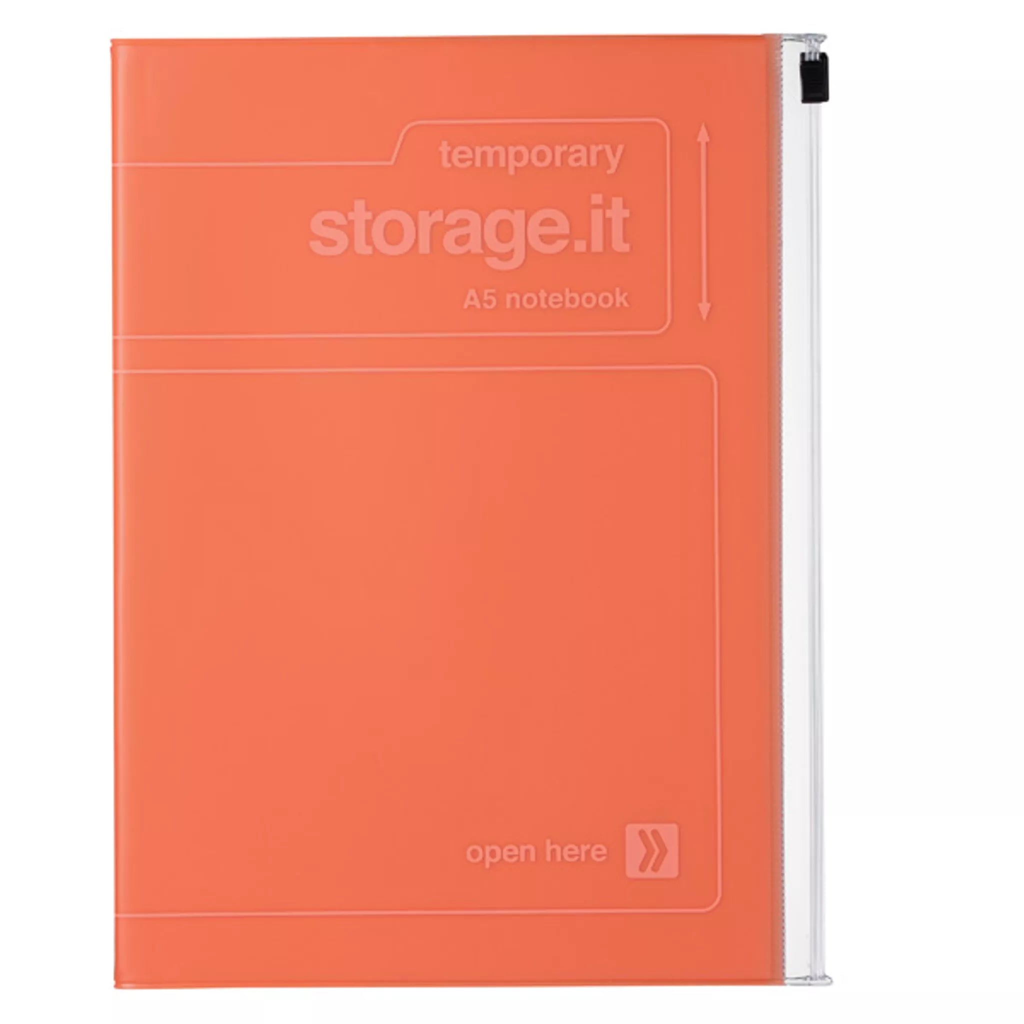 An orange A5 temporary storage notebook with a clear plastic side binder and a black clip, shown on a white background.