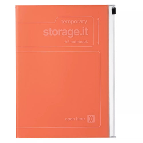 An orange A5 temporary storage notebook with a clear plastic side binder and a black clip, shown on a white background.