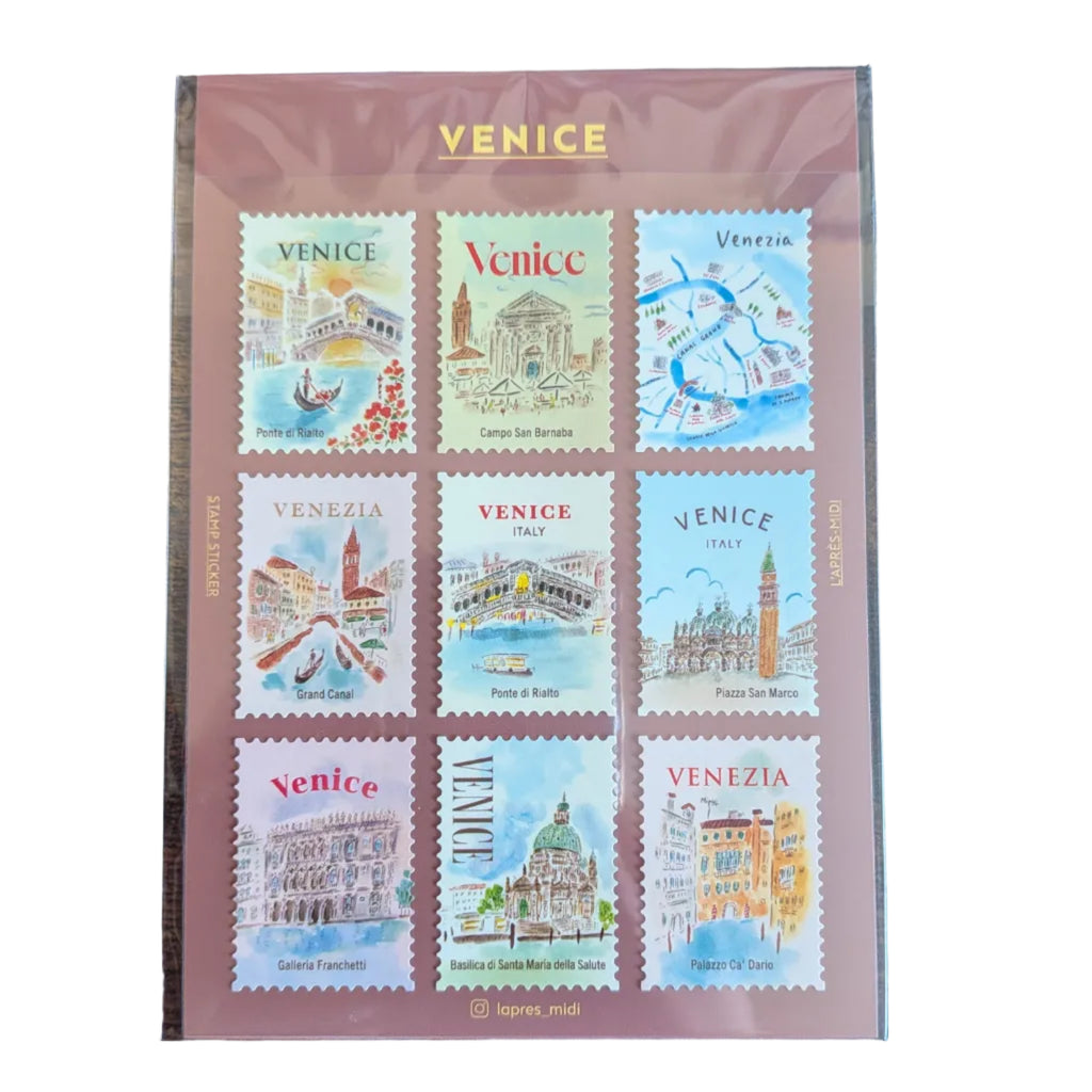 A sheet of nine Venice postage stamps in a clear protective sleeve, displayed on a dark wooden surface. The sheet has a dusty rose background with 'VENICE' printed at the top and 'ITALY' on the left side.