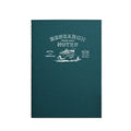 A dark teal blue-green hardcover notebook with white printed text reading 'RESEARCH NOTES' and a small ship illustration on the front cover, shown against a plain white background.